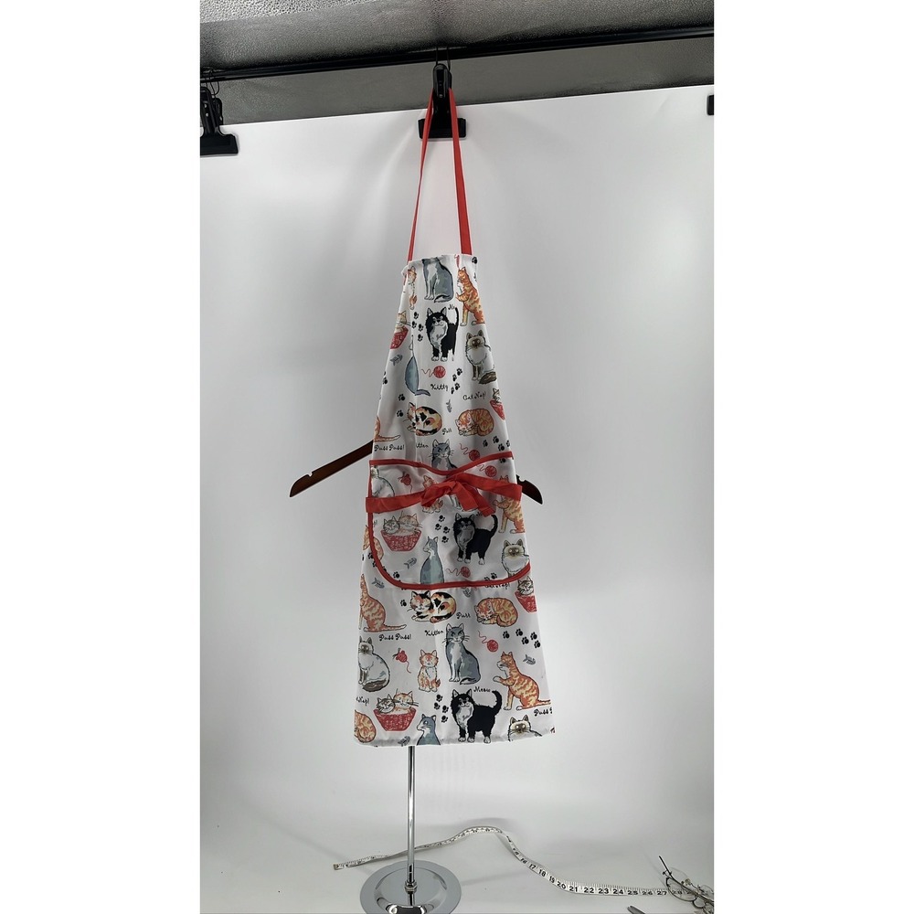 White Cat Print Kitchen Apron with Red Trim and Front Pocket One Size